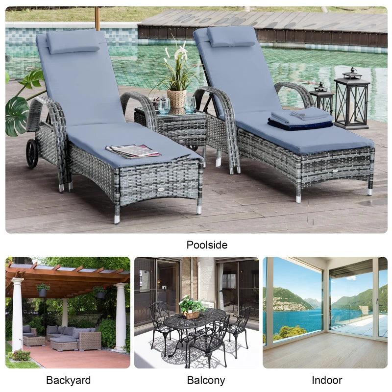 Boro 2 Seat Rattan Reclining Sun Lounger with Side Table Set Brown, Grey, Black