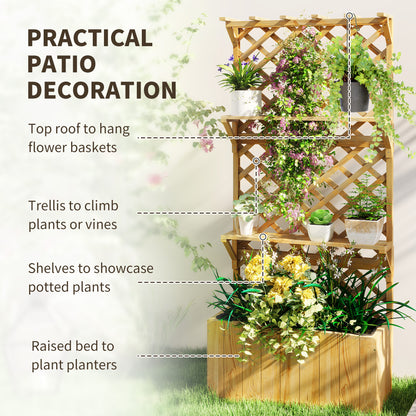 Outsunny 52L Wooden Planter, with Trellis and Shelves - Natural Finish