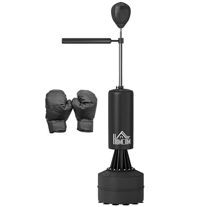 HOMCOM 155-205cm 3-IN-1 Freestanding Boxing Punching Bag Stand, Boxing Speed Trainer with Rotating Flexible Arm, Speed Ball, Fillable Base, Black