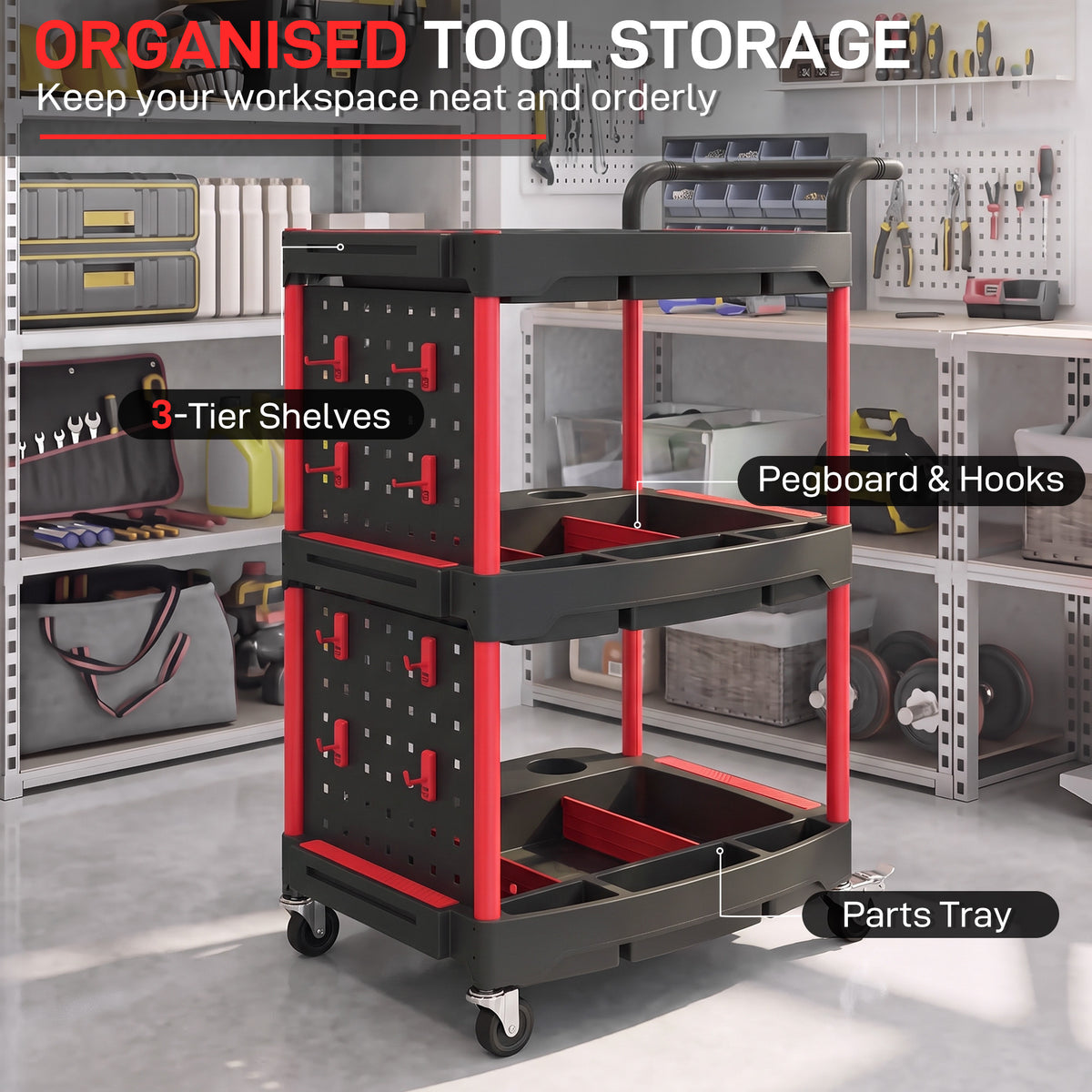 HOMCOM 3-Tier Rolling Tool Cart with Pegboard and Hooks, Storage Trolley Wheel Cart with Brakes, Black & Red