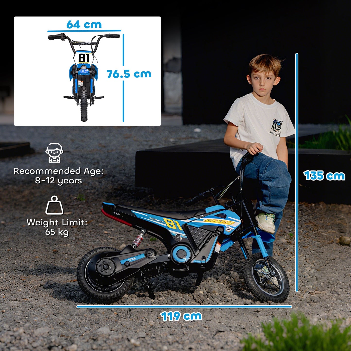 AIYAPLAY Kids Electric Motorbike, 24V Ride On Motorcycle with 3 Speeds and Rear Suspension, Dirt Bike for 8-12 Years Old, Blue