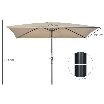 Outsunny 3x2m Patio Parasol Garden Umbrellas Canopy with Aluminium Tilt Crank Rectangular Sun Shade Steel, Khaki