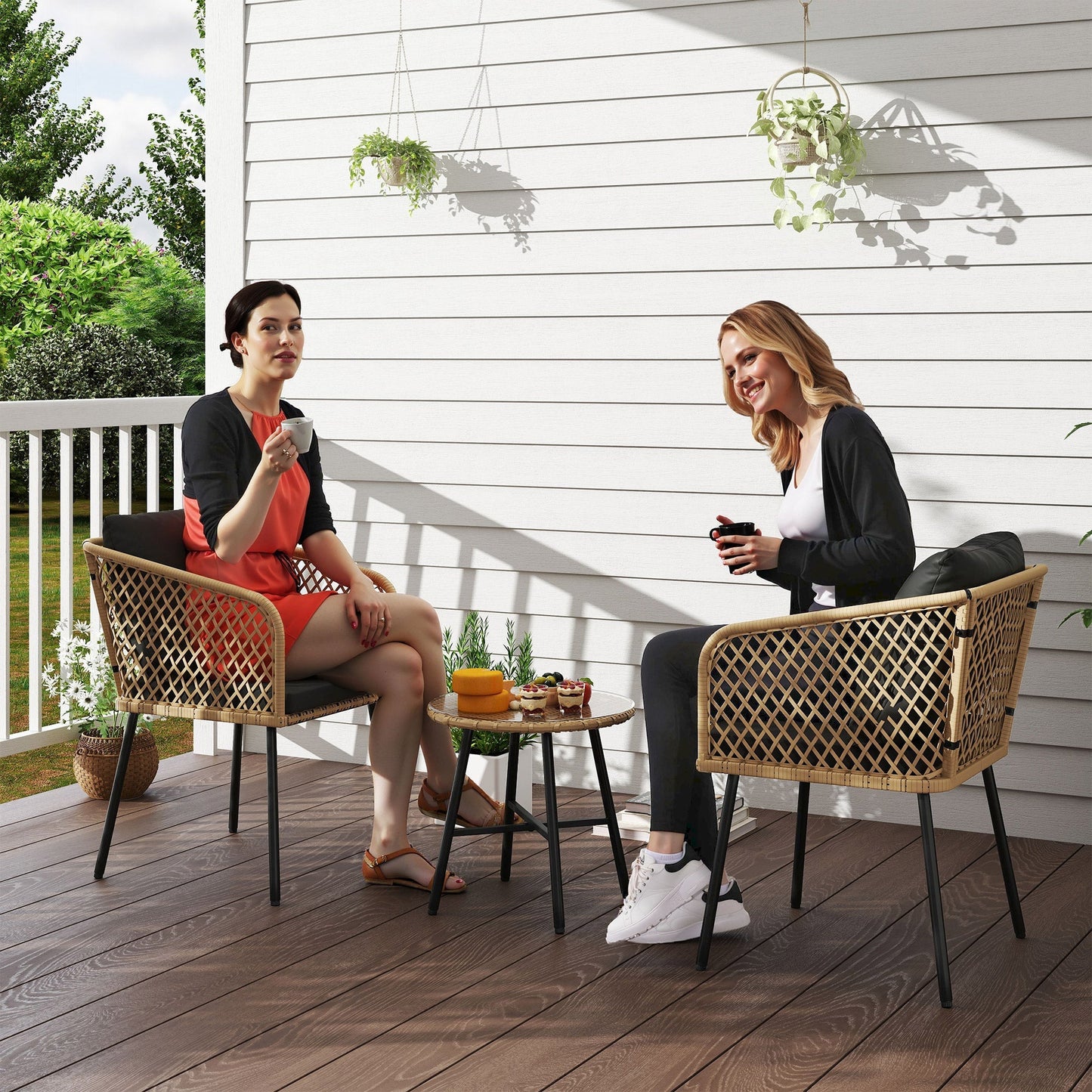 Outsunny Three-Piece Cut-Out Rattan Chair and Table Set - Brown/Black