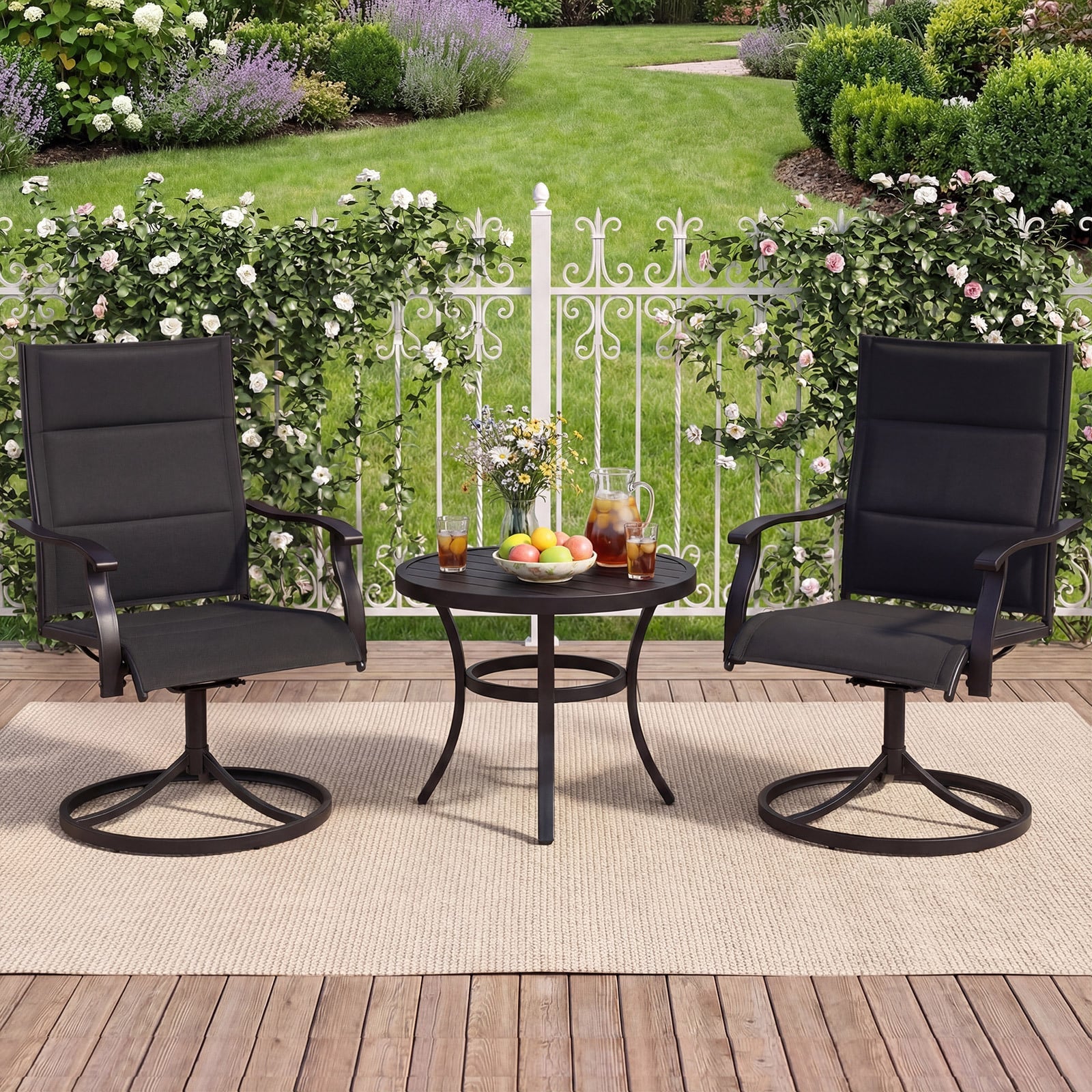 Padded Patio Swivel Chairs Set of 2 Ergonomic Outdoor Dining Chairs with Breathable Fabric High Back-Black