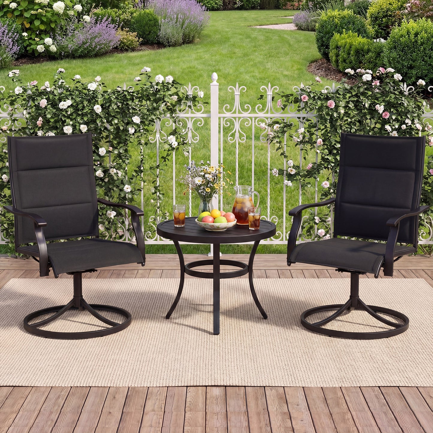 Padded Patio Swivel Chairs Set of 2 Ergonomic Outdoor Dining Chairs with Breathable Fabric High Back-Black
