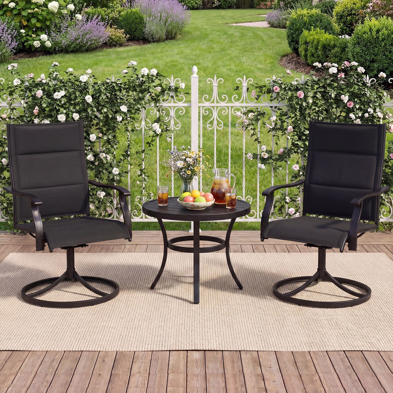 Padded Patio Swivel Chairs Set of 2 Ergonomic Outdoor Dining Chairs with Breathable Fabric High Back-Black