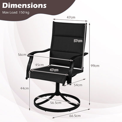 Padded Patio Swivel Chairs Set of 2 Ergonomic Outdoor Dining Chairs with Breathable Fabric High Back-Black