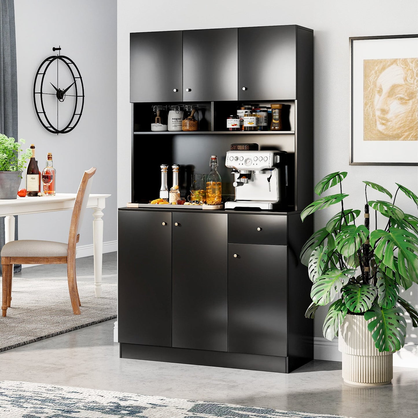 180cm Tall Pantry Cabinet with Outlets and Anti-Tipping Kits-Black