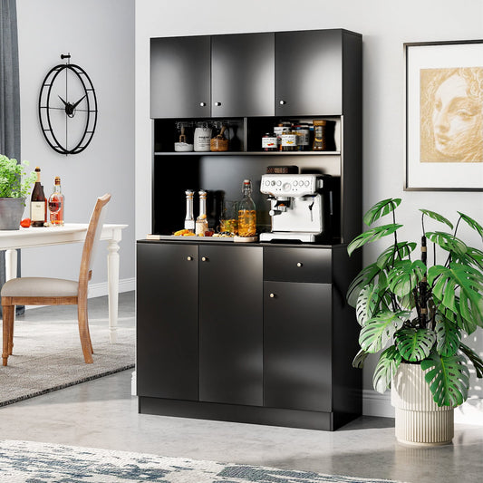 180cm Tall Pantry Cabinet with Outlets and Anti-Tipping Kits-Black