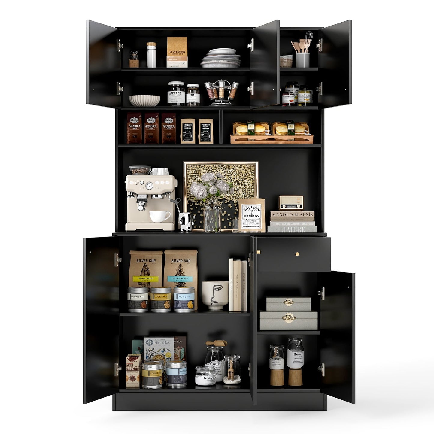 180cm Tall Pantry Cabinet with Outlets and Anti-Tipping Kits-Black