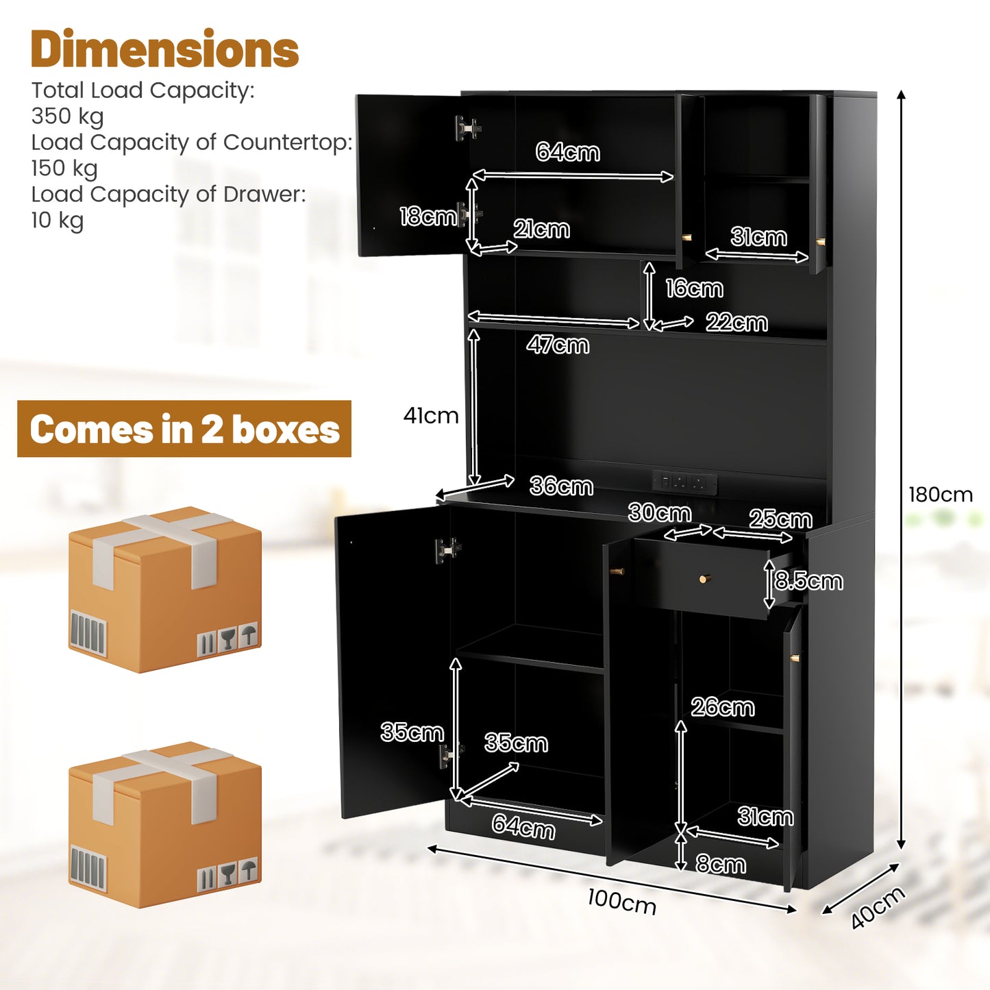 180cm Tall Pantry Cabinet with Outlets and Anti-Tipping Kits-Black