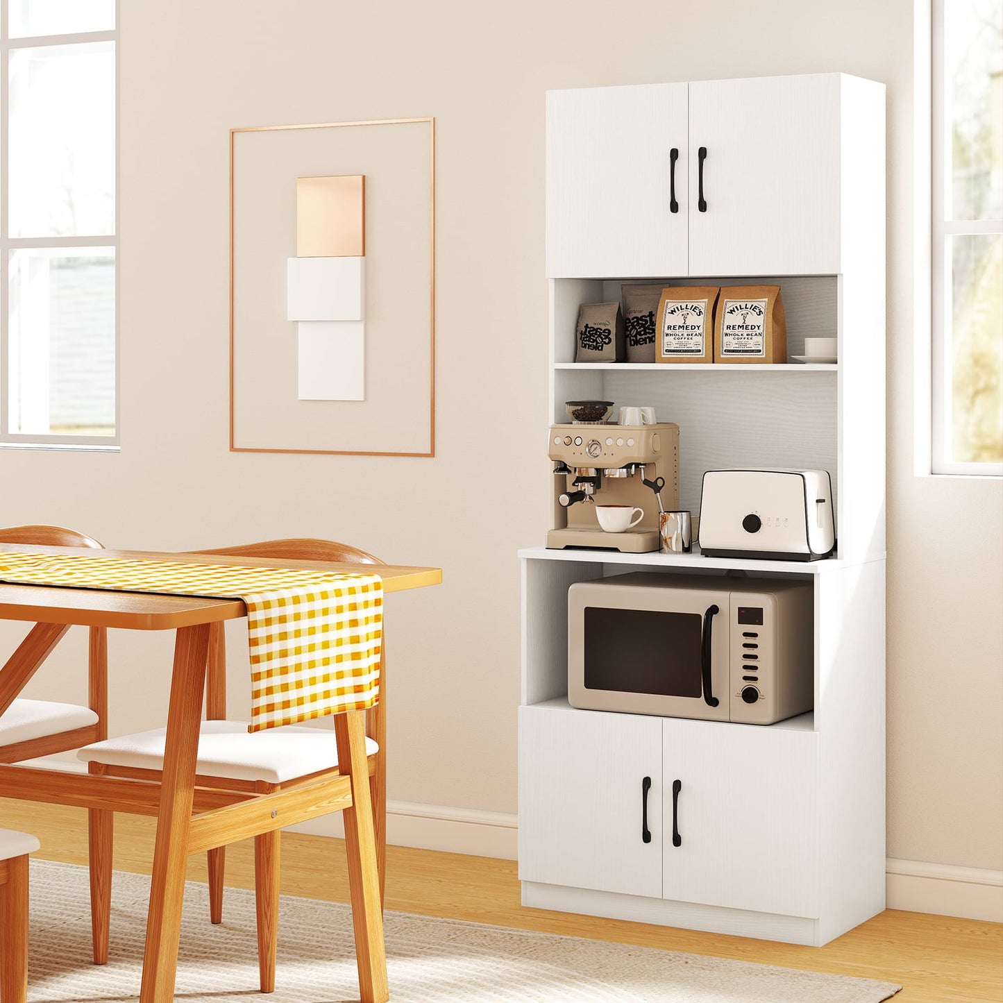 Pantry Cabinet with Power Outlets Freestanding Narrow Kitchen Hutch with 4 Doors-White