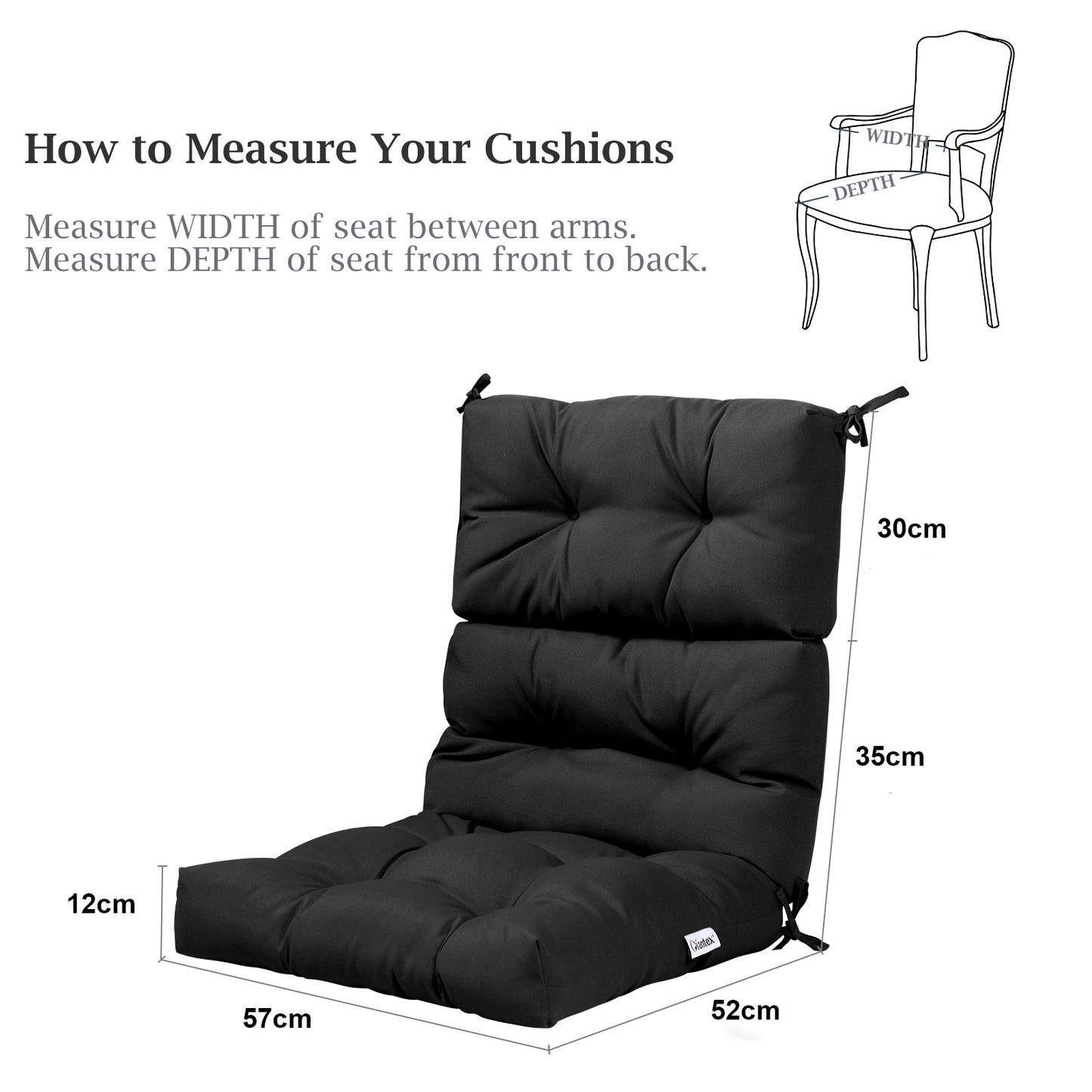 Patio Chair Seat Pads with Non-slip Rope Belts and Sun Protection for Indoor Outdoor Use-Black
