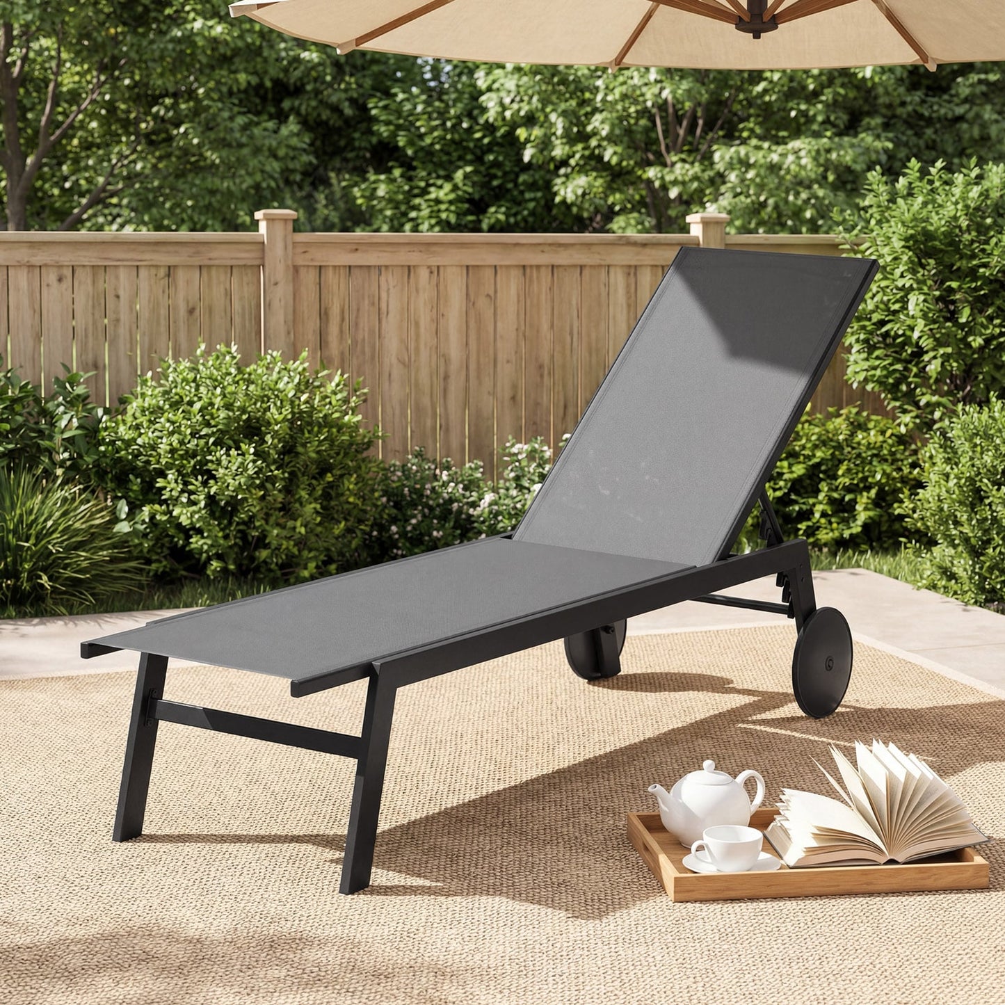 Patio Chaise Lounge Chair with Wheels Outdoor Recliner with 6-Level Adjustable Backrest-Gray