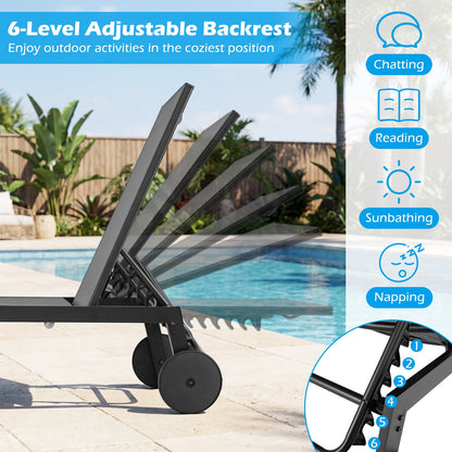Patio Chaise Lounge Chair with Wheels Outdoor Recliner with 6-Level Adjustable Backrest-Gray