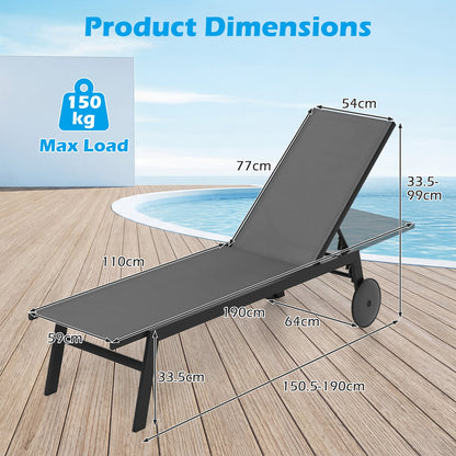 Patio Chaise Lounge Chair with Wheels Outdoor Recliner with 6-Level Adjustable Backrest-Gray