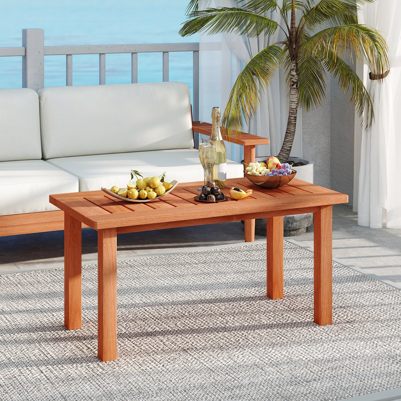 Patio Coffee Table 90cm Wooden Coffee Table with Slatted Tabletop
