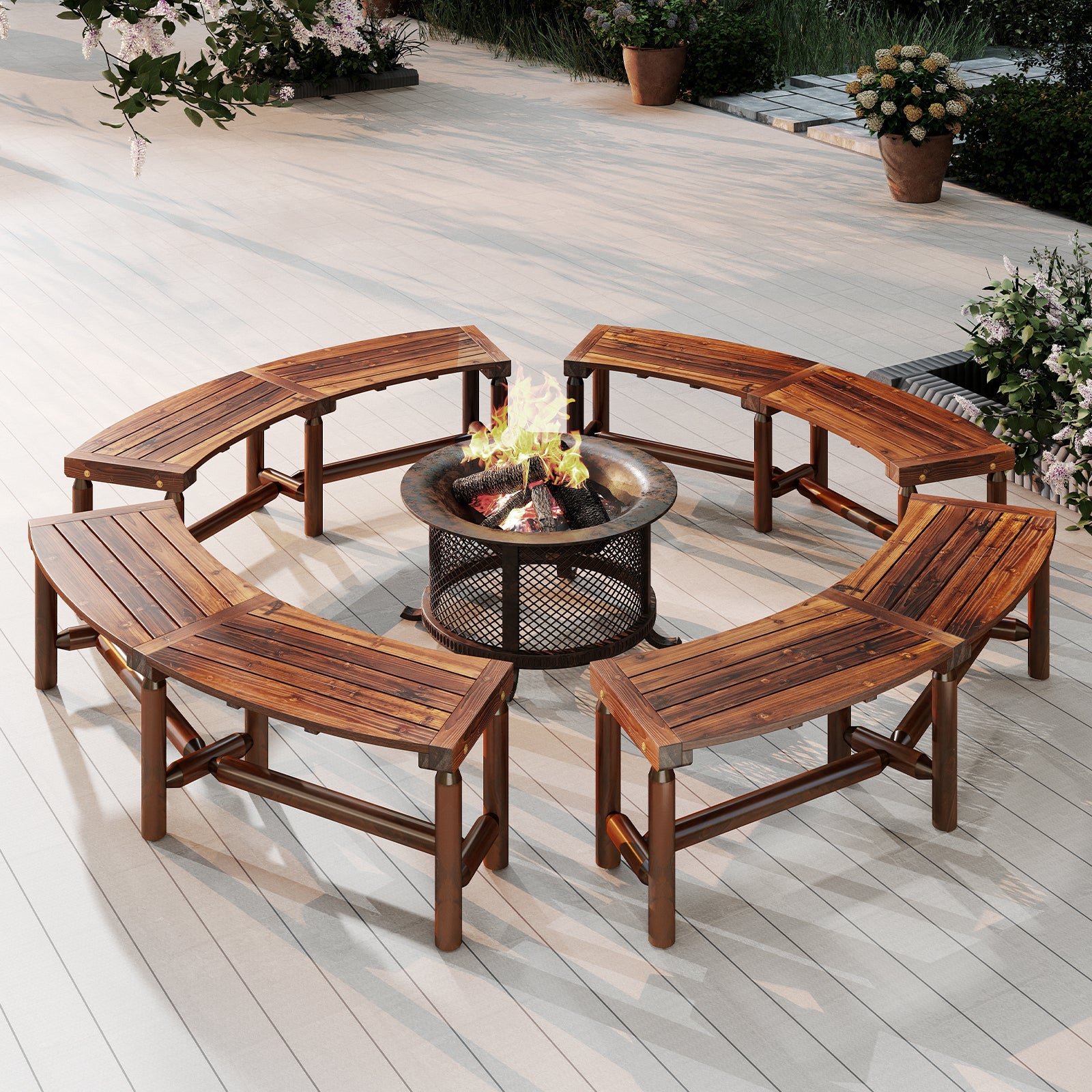 Patio Curved Bench Solid Wood Fire Pit Bench for 2-3 People Outdoor Backless Loveseat-Rustic Brown