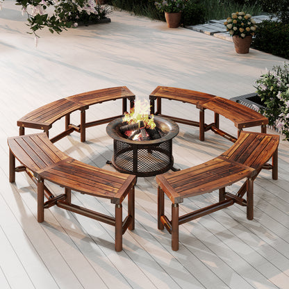Patio Curved Bench Solid Wood Fire Pit Bench for 2-3 People Outdoor Backless Loveseat-Rustic Brown