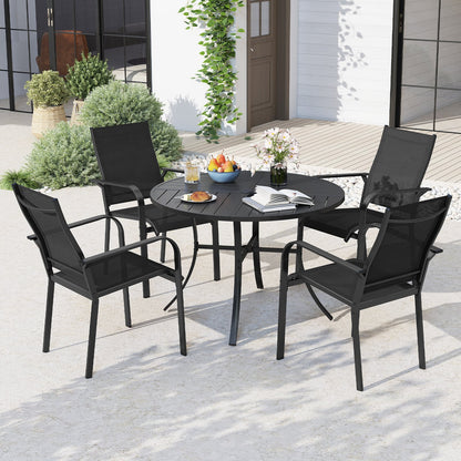 Patio Dining Table 108CM Round Metal Slat Table with Umbrella Hole-Black
