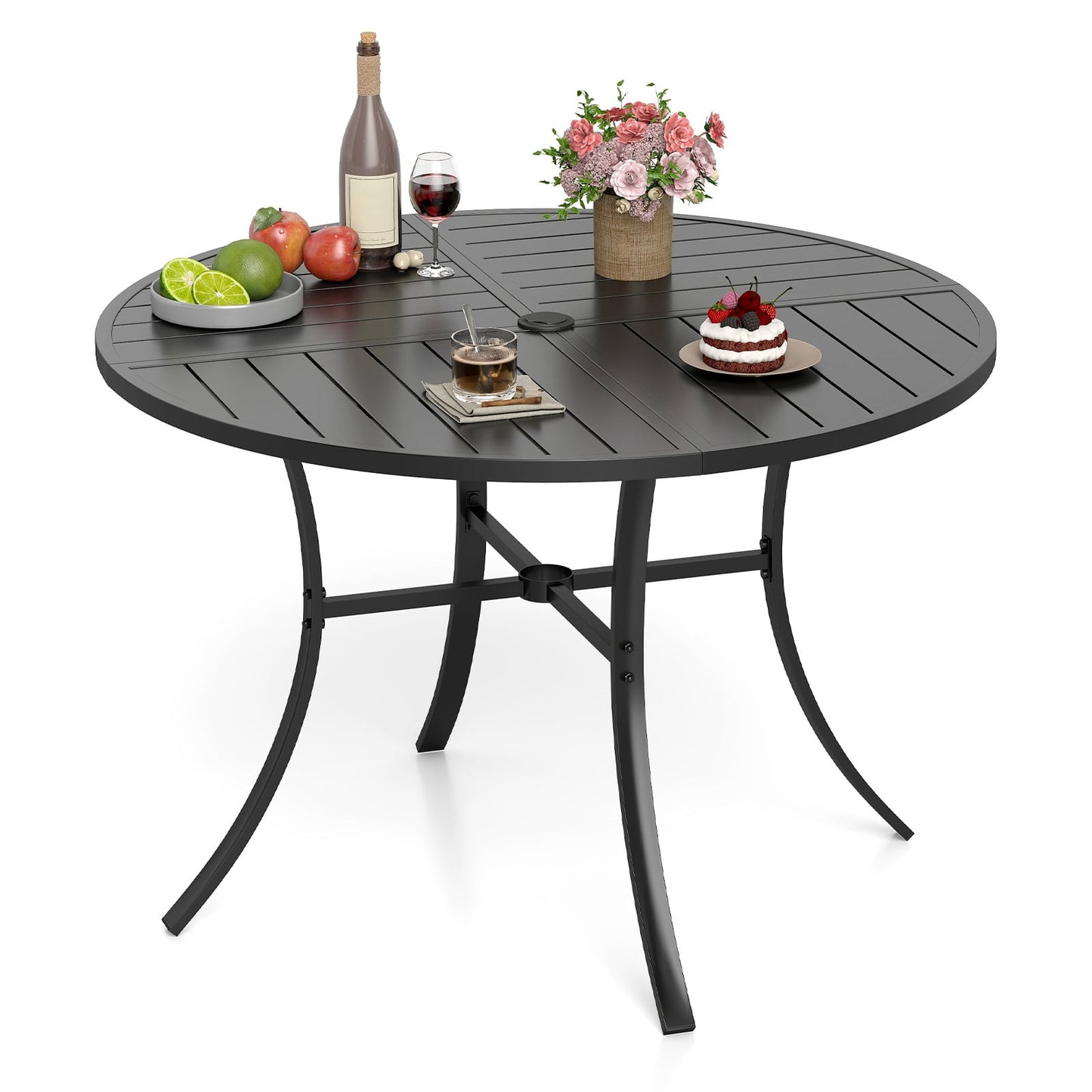Patio Dining Table 108CM Round Metal Slat Table with Umbrella Hole-Black