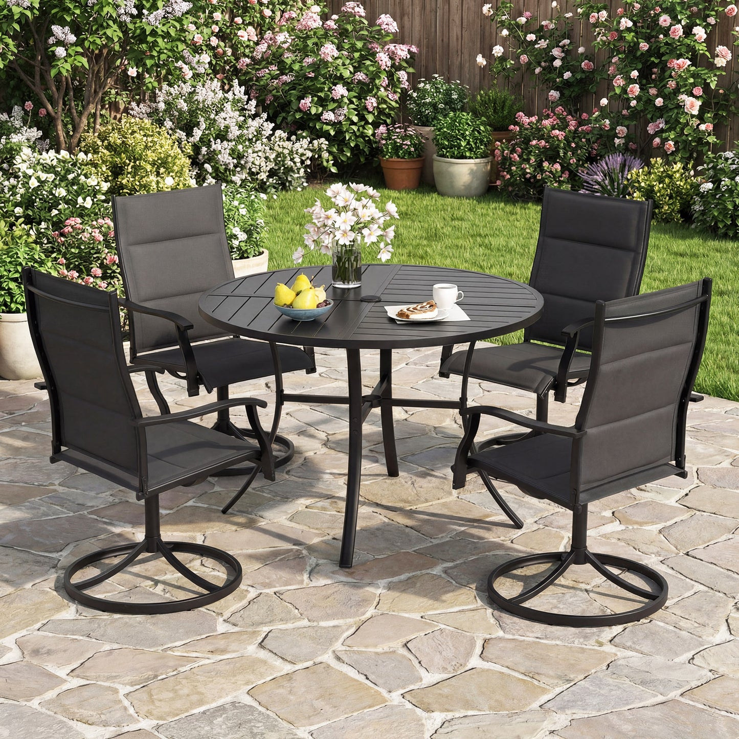 Patio Dining Table 108CM Round Metal Slat Table with Umbrella Hole-Black