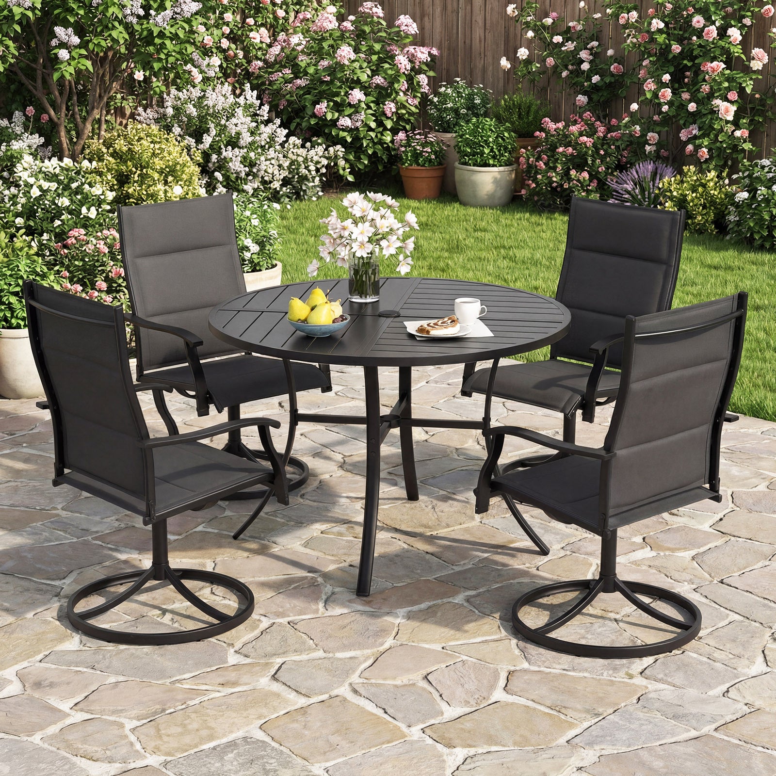 Patio Dining Table 108CM Round Metal Slat Table with Umbrella Hole-Black