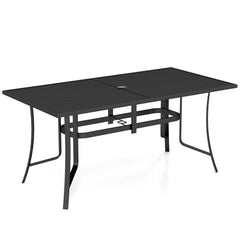 Patio Dining Table for 6 160CM Rectangle Metal Slat Table with Umbrella Hole-Black