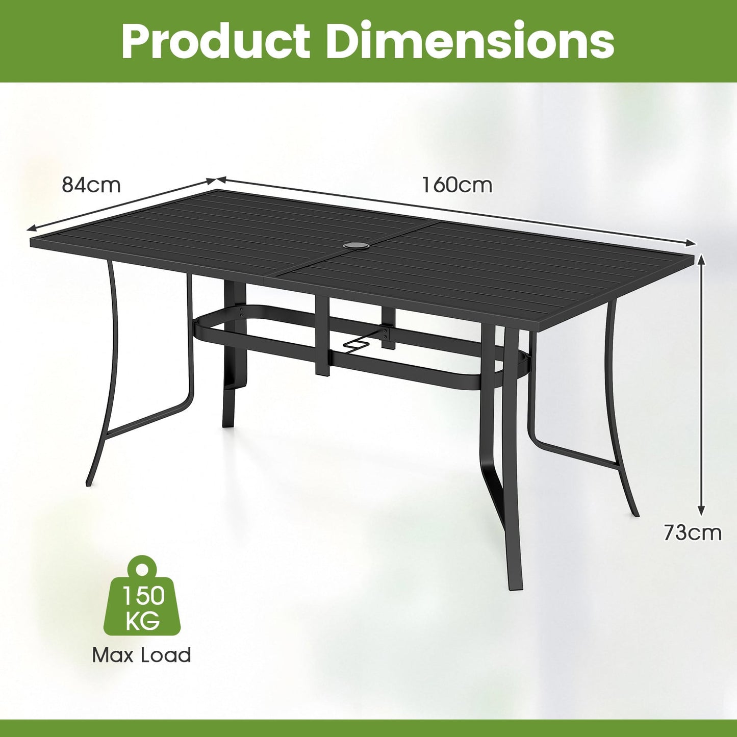 Patio Dining Table for 6 160CM Rectangle Metal Slat Table with Umbrella Hole-Black