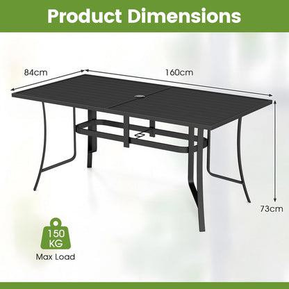 Patio Dining Table for 6 160CM Rectangle Metal Slat Table with Umbrella Hole-Black