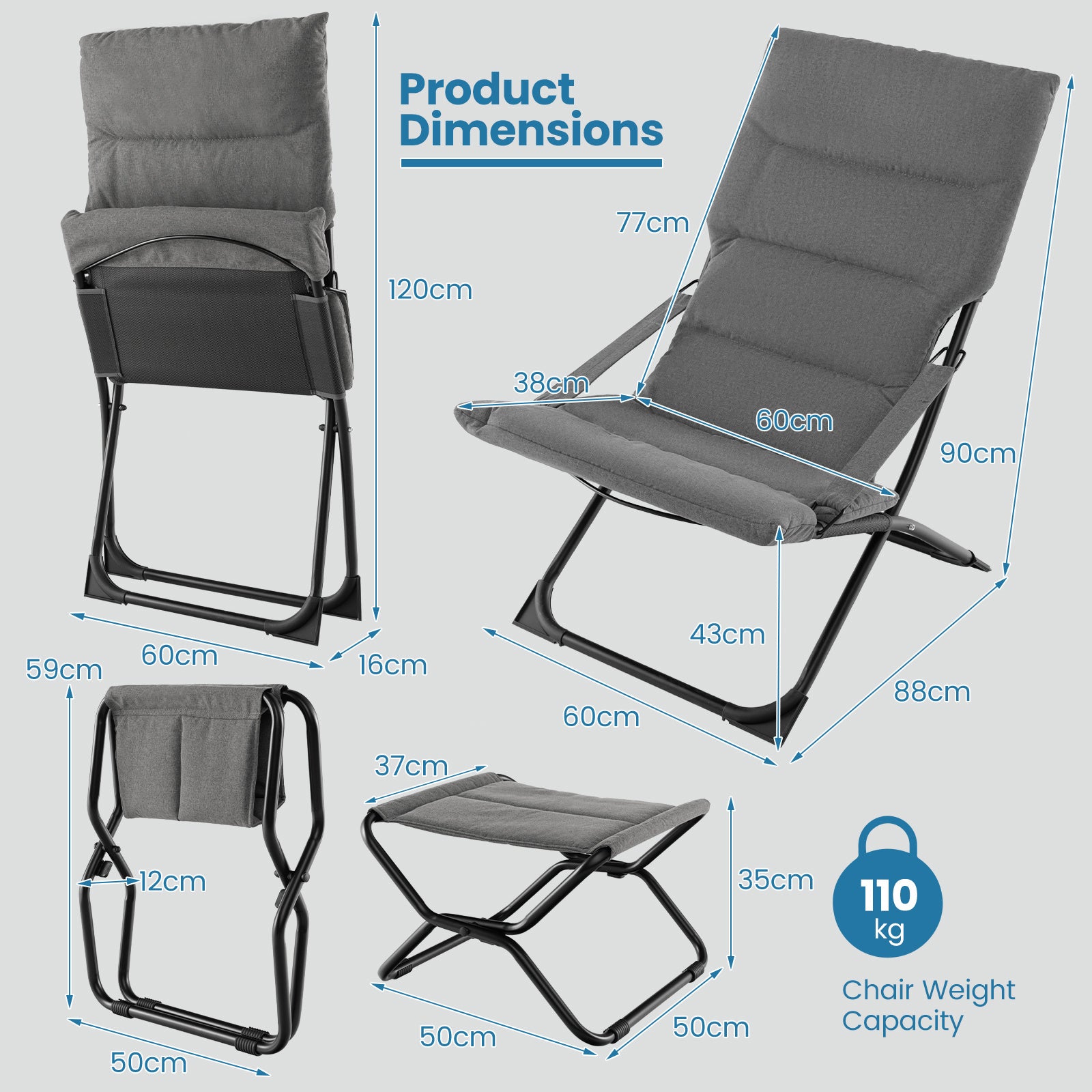 Patio Folding Sling Chair with Ottoman and Removable Cushion Set of 2-Grey