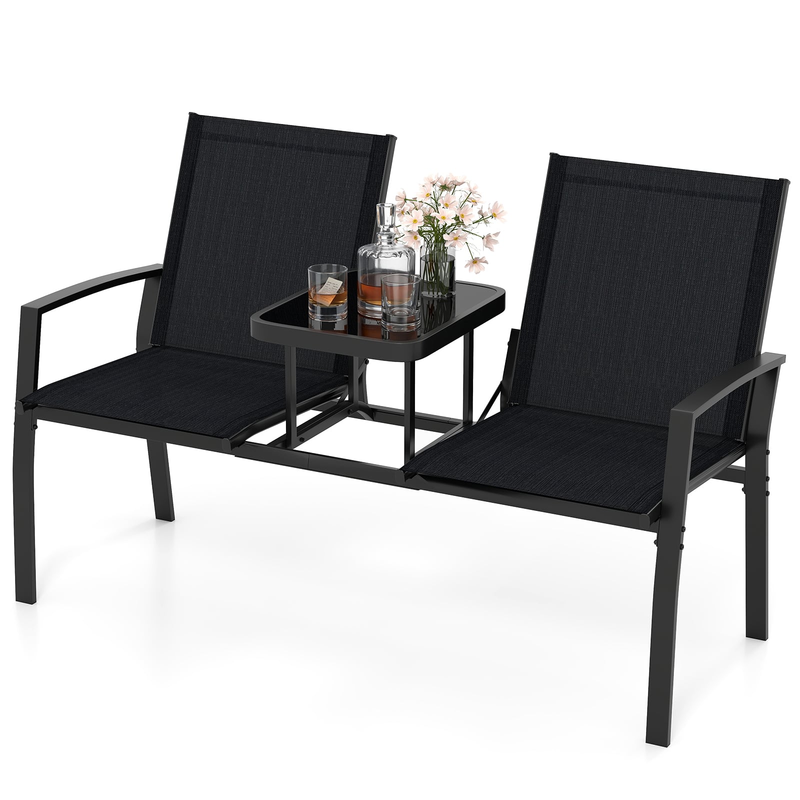 Patio Loveseat with Built-in Table 2-Seat Outdoor Furniture with Breathable Fabric Back and Seat-Black
