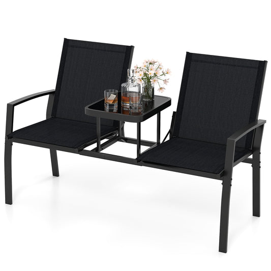 Patio Loveseat with Built-in Table 2-Seat Outdoor Furniture with Breathable Fabric Back and Seat-Black