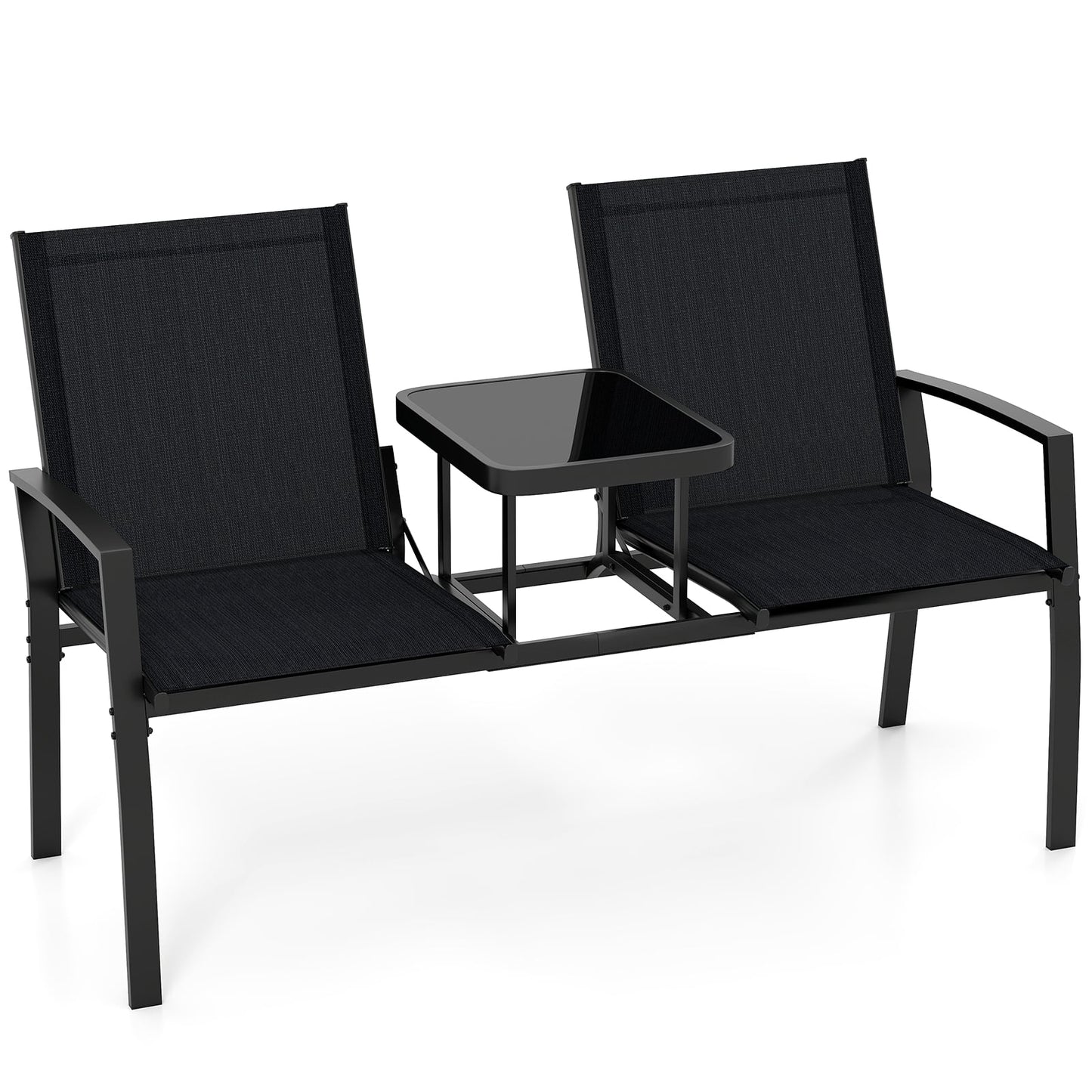 Patio Loveseat with Built-in Table 2-Seat Outdoor Furniture with Breathable Fabric Back and Seat-Black