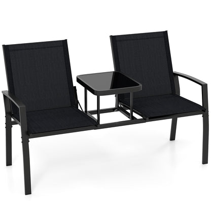 Patio Loveseat with Built-in Table 2-Seat Outdoor Furniture with Breathable Fabric Back and Seat-Black