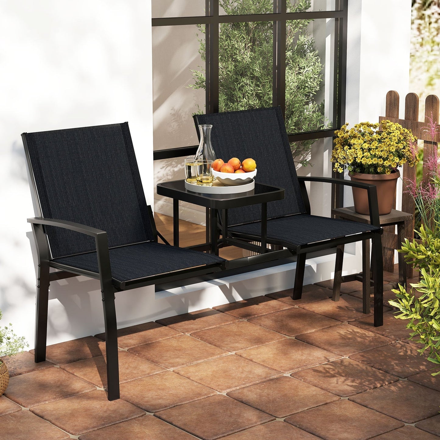 Patio Loveseat with Built-in Table 2-Seat Outdoor Furniture with Breathable Fabric Back and Seat-Black