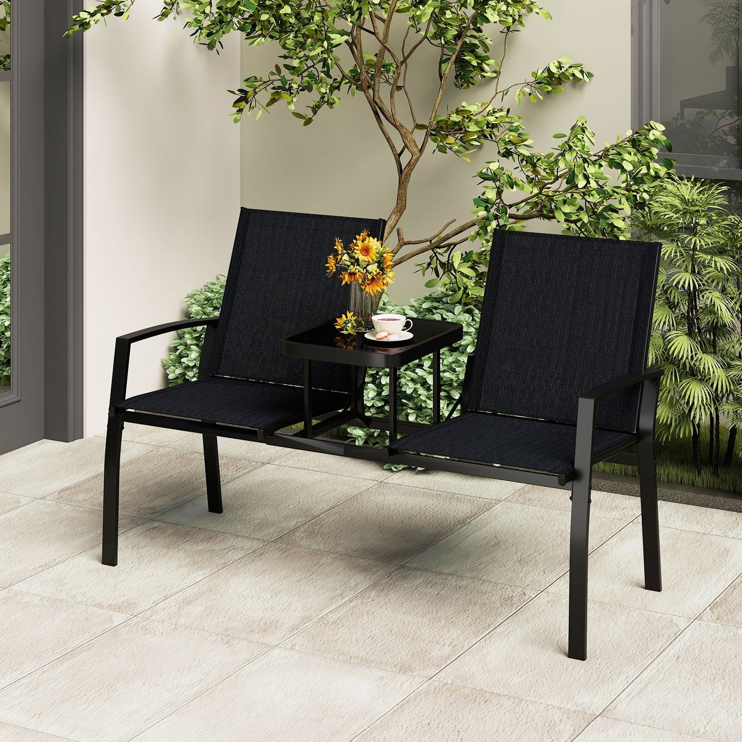 Patio Loveseat with Built-in Table 2-Seat Outdoor Furniture with Breathable Fabric Back and Seat-Black