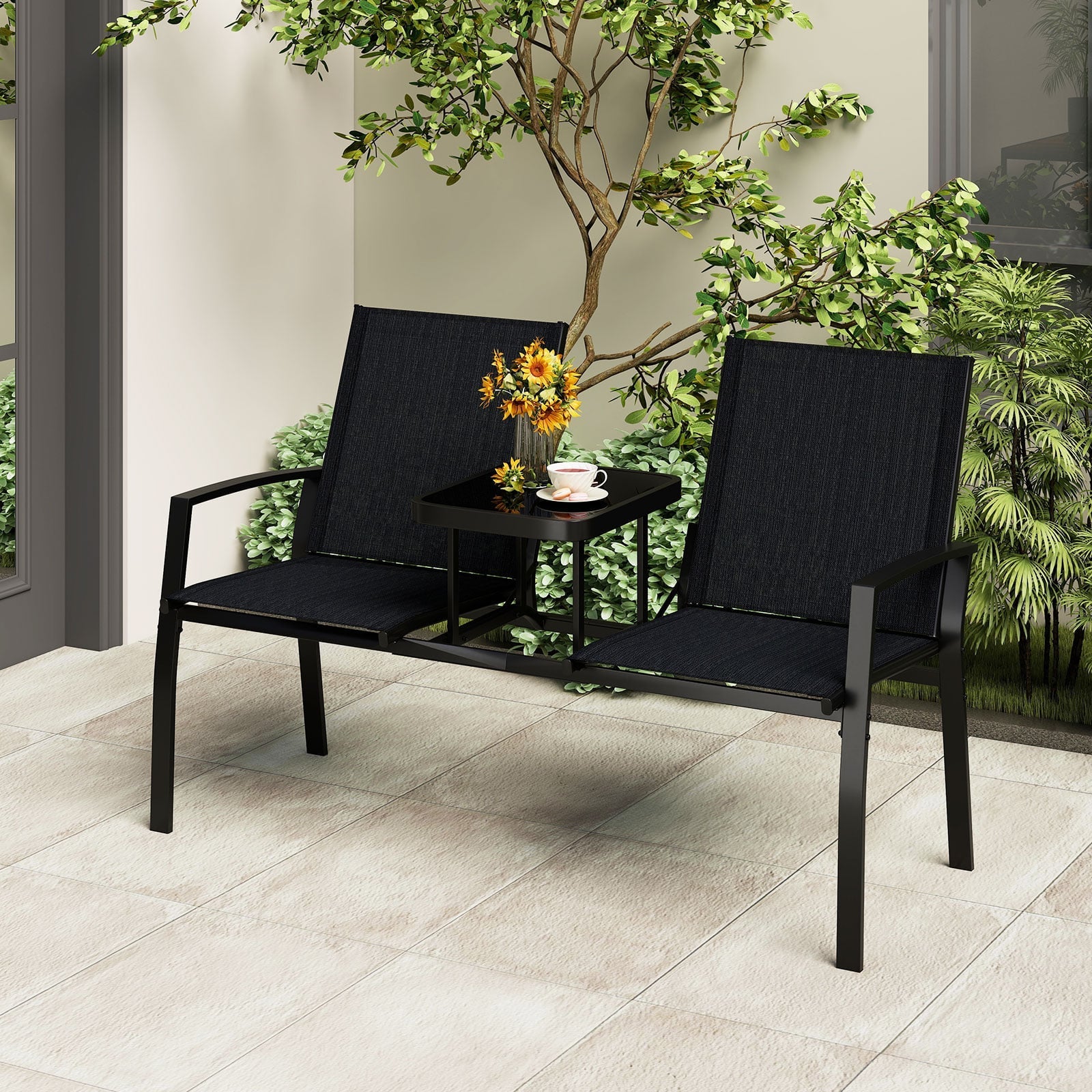 Patio Loveseat with Built-in Table 2-Seat Outdoor Furniture with Breathable Fabric Back and Seat-Black