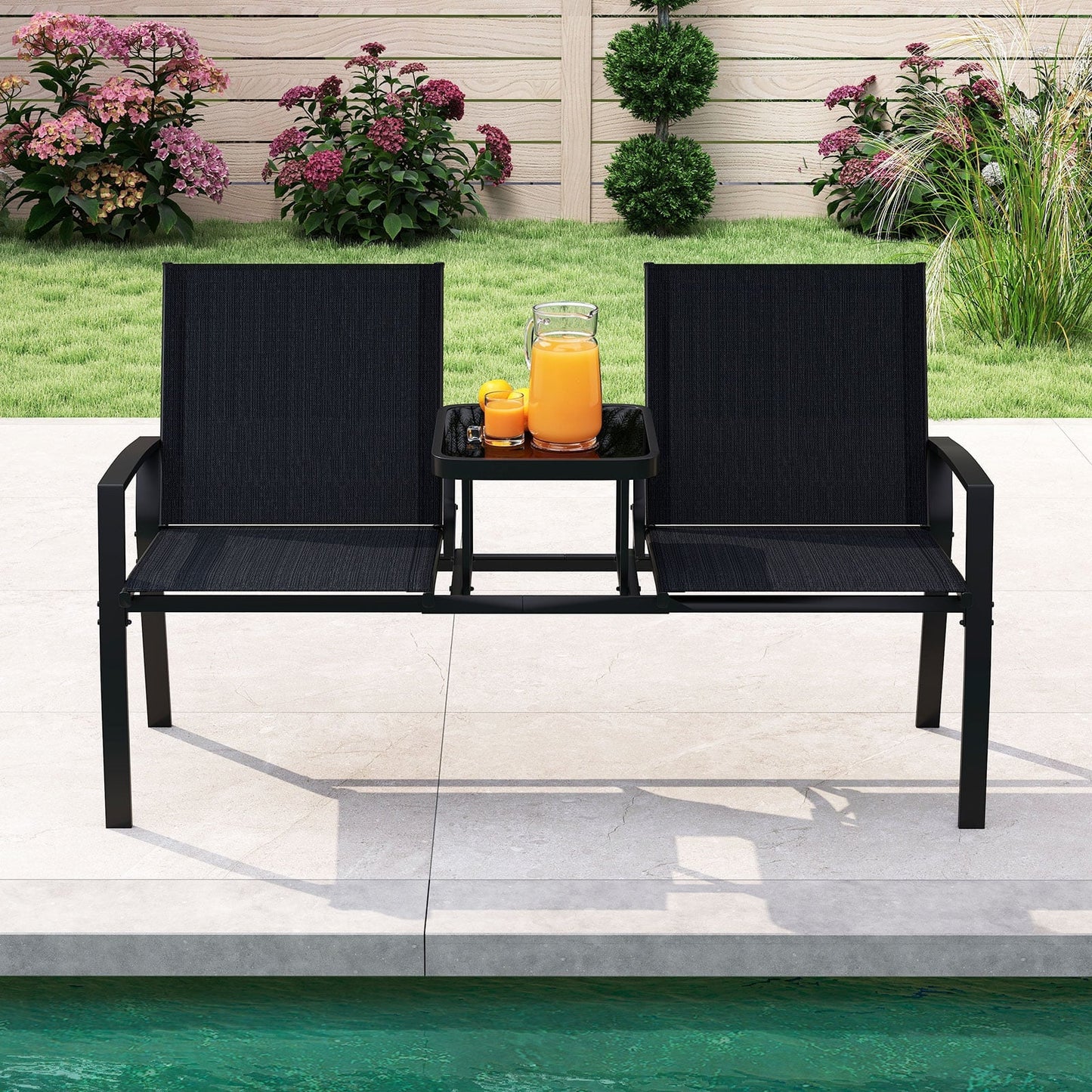 Patio Loveseat with Built-in Table 2-Seat Outdoor Furniture with Breathable Fabric Back and Seat-Black