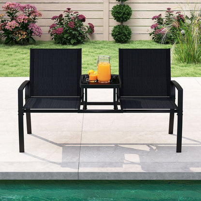 Patio Loveseat with Built-in Table 2-Seat Outdoor Furniture with Breathable Fabric Back and Seat-Black