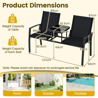 Patio Loveseat with Built-in Table 2-Seat Outdoor Furniture with Breathable Fabric Back and Seat-Black