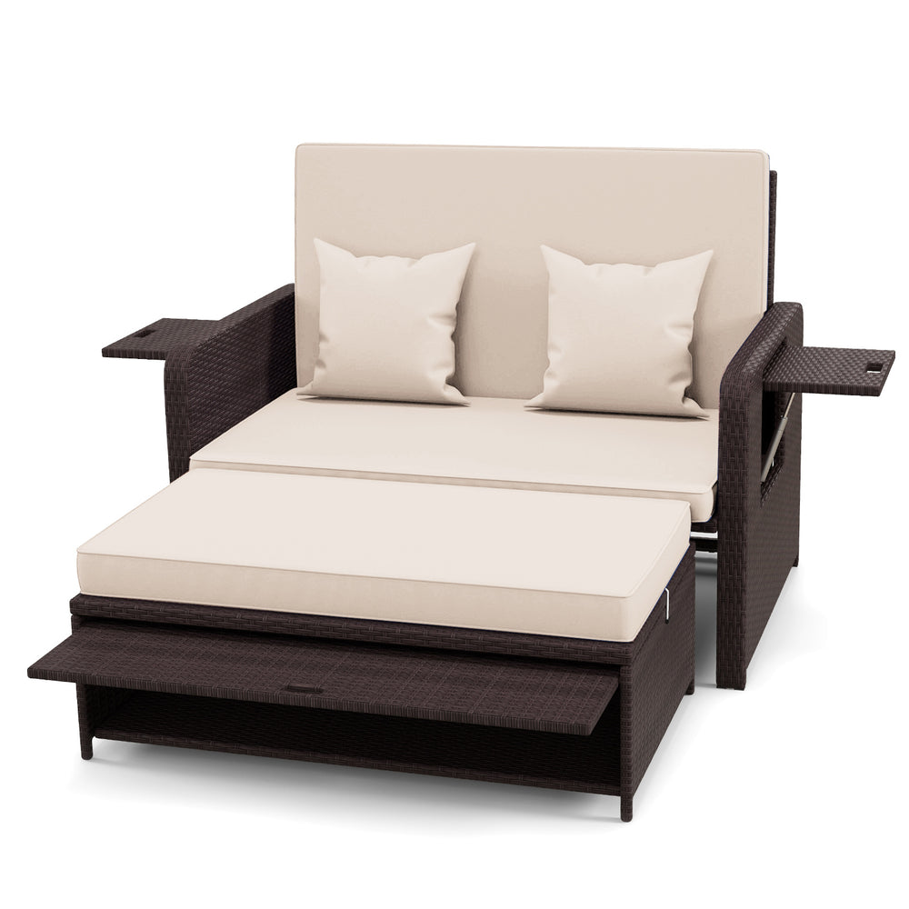 Patio Rattan Daybed Set with Ottoman and Adjustable Backrest-Beige