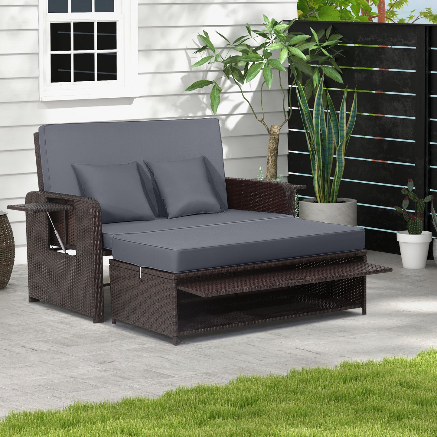 Patio Rattan Daybed Set with Ottoman and Adjustable Backrest-Grey
