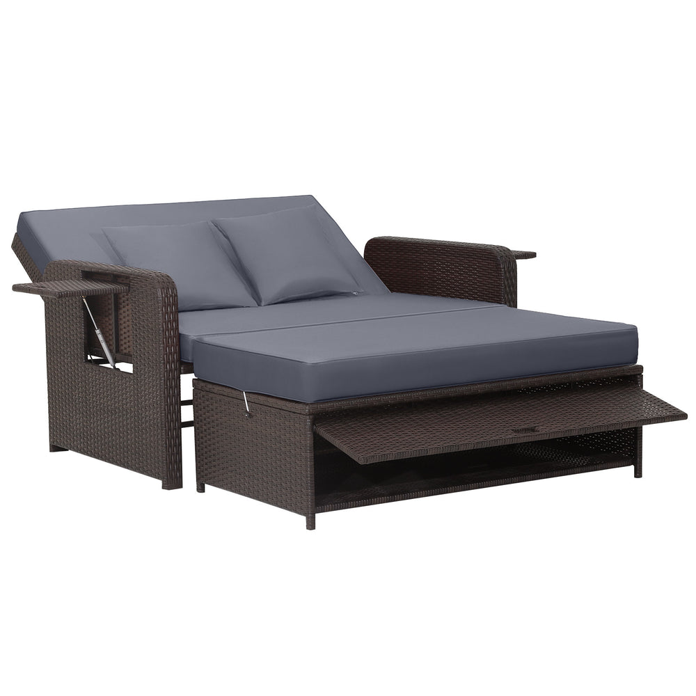 Patio Rattan Daybed Set with Ottoman and Adjustable Backrest-Grey