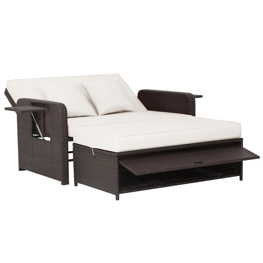 Patio Rattan Daybed Set with Ottoman and Adjustable Backrest-White