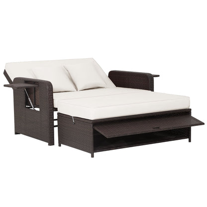 Patio Rattan Daybed Set with Ottoman and Adjustable Backrest-White
