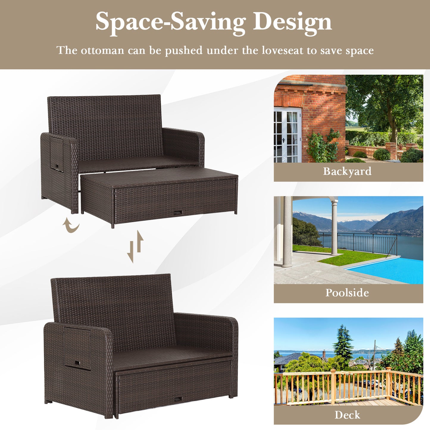 Patio Rattan Daybed Set with Ottoman and Adjustable Backrest-White