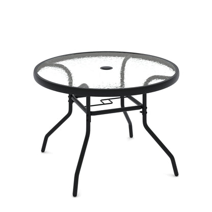Patio Side Table Outdoor Round Bistro Table with Tempered Glass Top and Umbrella Hole