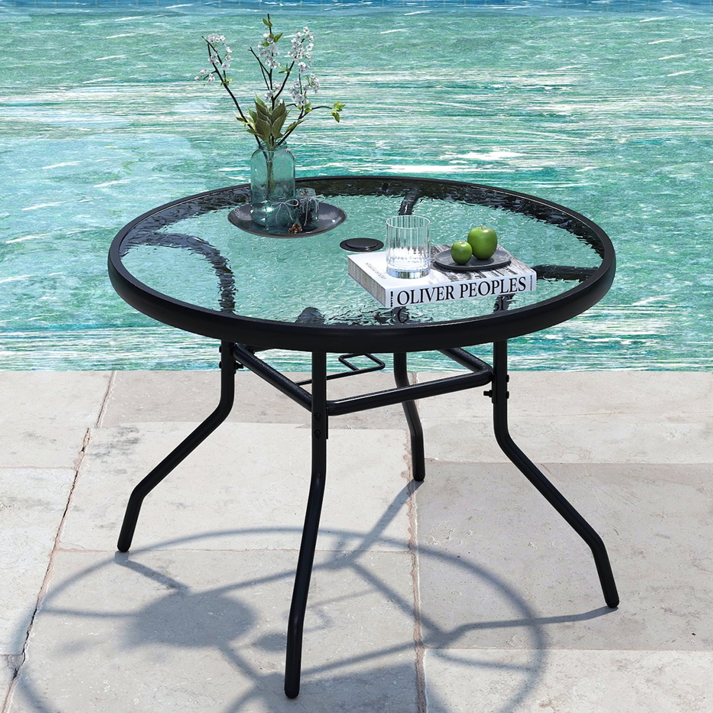 Patio Side Table Outdoor Round Bistro Table with Tempered Glass Top and Umbrella Hole