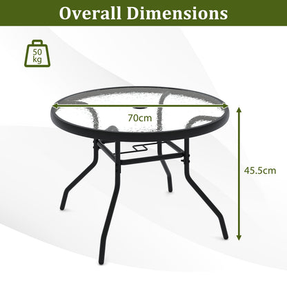 Patio Side Table Outdoor Round Bistro Table with Tempered Glass Top and Umbrella Hole